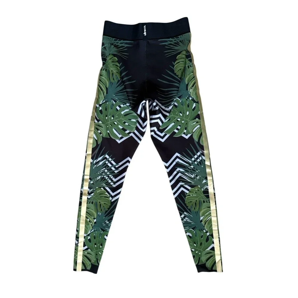ULTRACOR Palm Leaf Green and Black Training Leggings Size Small Gold Stripe